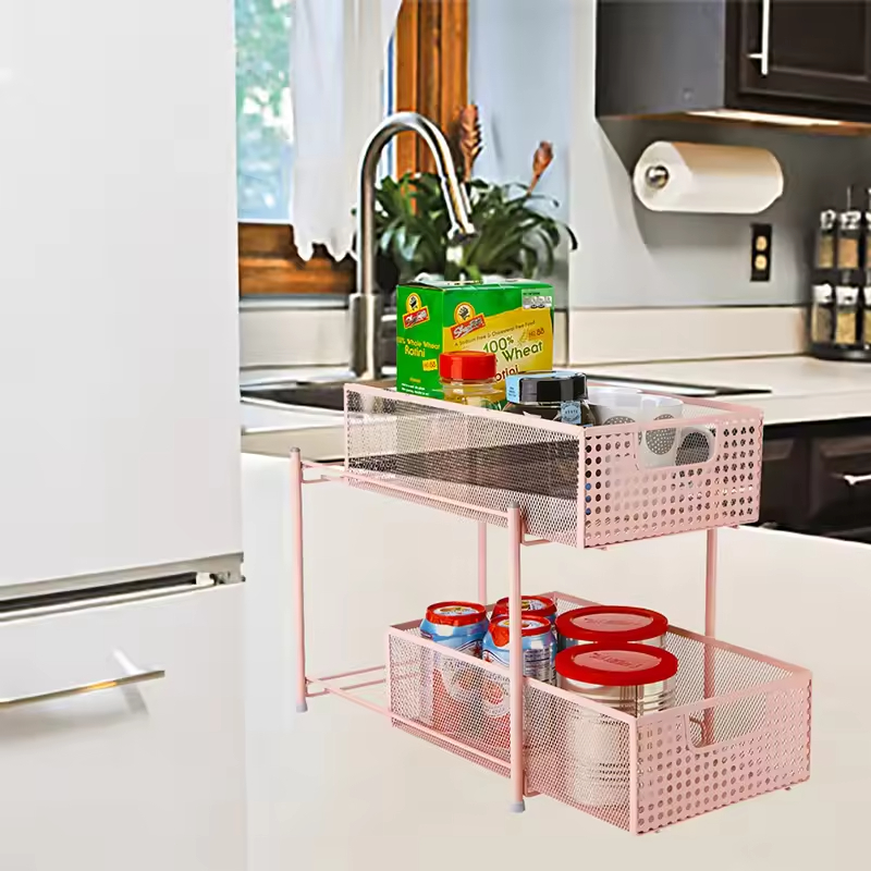 2-Tier Kitchen Drawer Sliding Organizer Shelf Iron Storage Rack with Removable Pull Basket Single Tier for Spice Storage