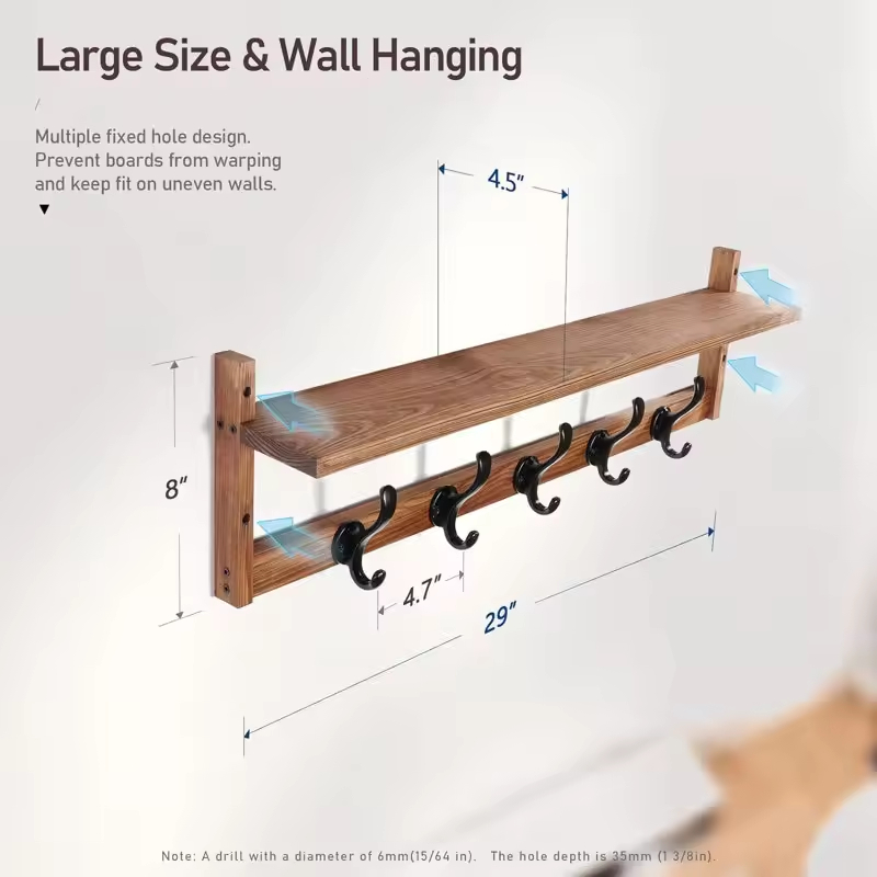 Modern Wooden Wall Hanger with Hooks - Multi-Use Tool Organizer, Space-Saving Eco Design