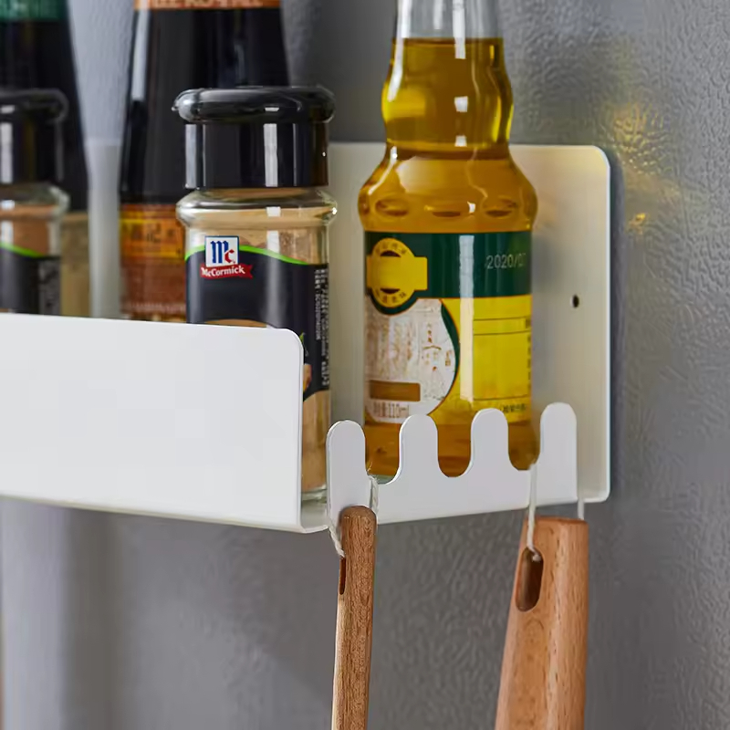 Magnetic Shelf Fridge Organizer for Spice Jars Magnet Shelves Seasoning Spice Holder With 4 Hooks Magnetic Spice Rack