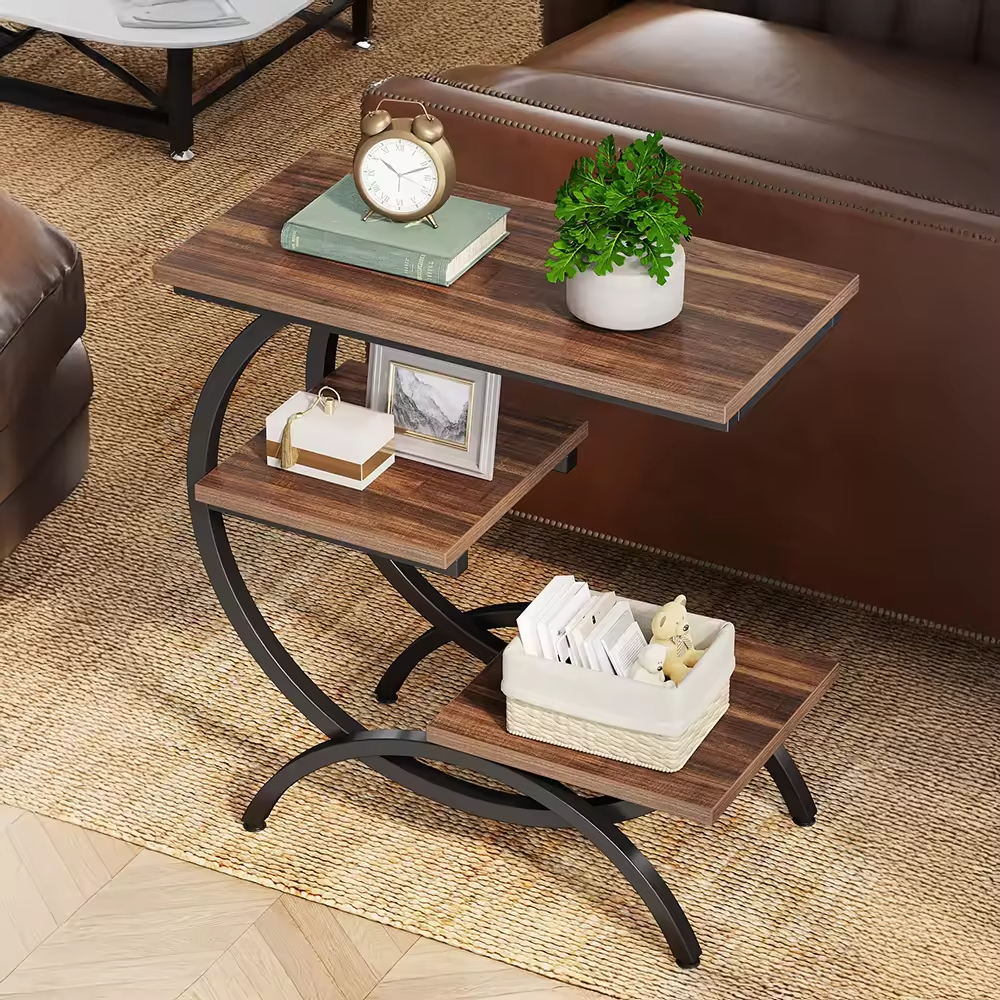 C-Shaped End Table Industrial 3-Tier Small Side Table for Couch Bedside Tables with Storage Shelves for Living Room Small Space