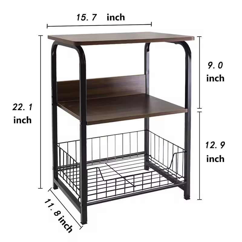 OEM&ODM End Table Side Table 3 Tiers Nightstand Retro Storage Shelf for Bedroom Stable Wood and Metal Frame Side Table
