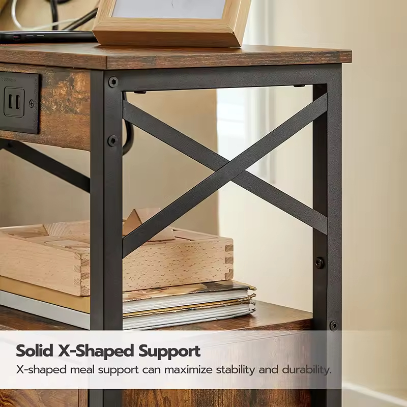 OEM & ODM Modern Solid Wood Nightstand with Charging Station Drawer USB Ports Outlet Storage Shelf Bedroom Furniture