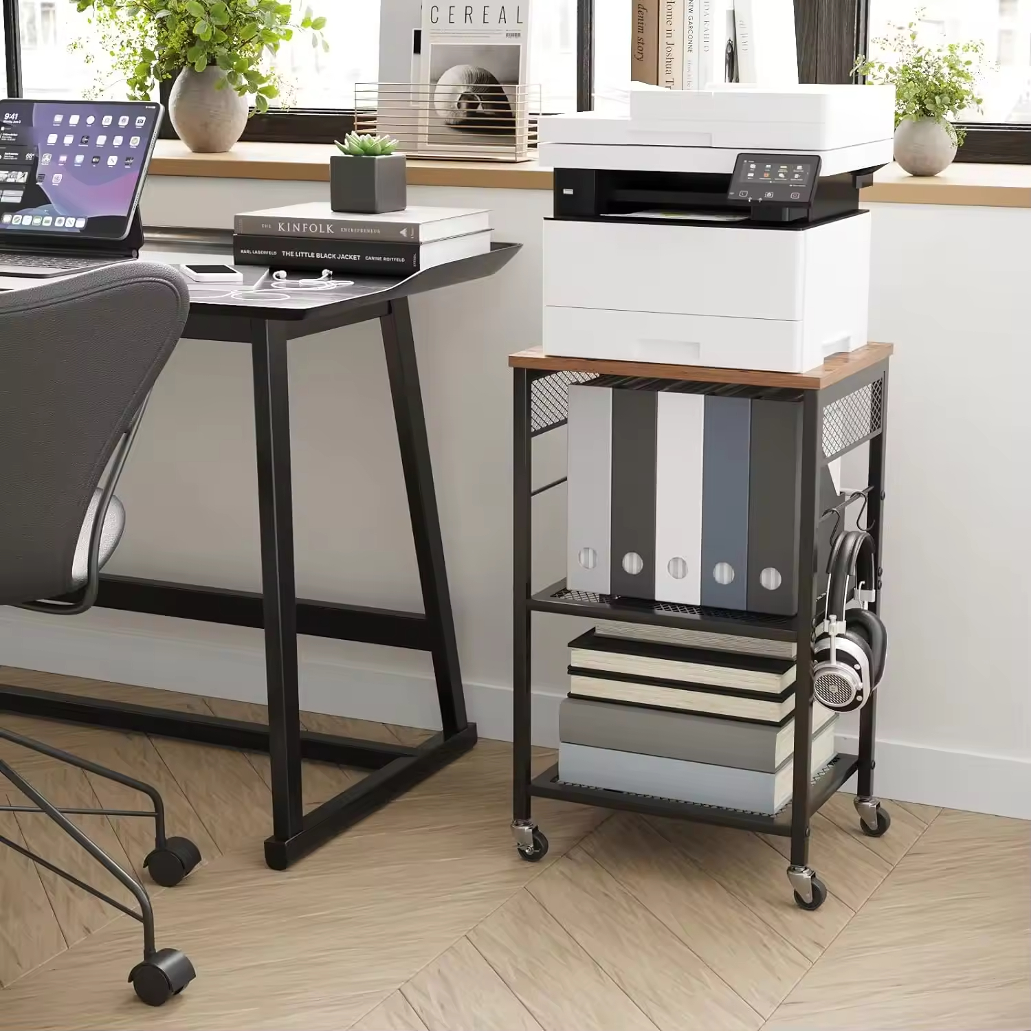 Factory Direct Sales 3-layer Stainless Steel Mobile Printer Stand Modern Printer Cart with Wheels and 2 Hooks Storage Rack
