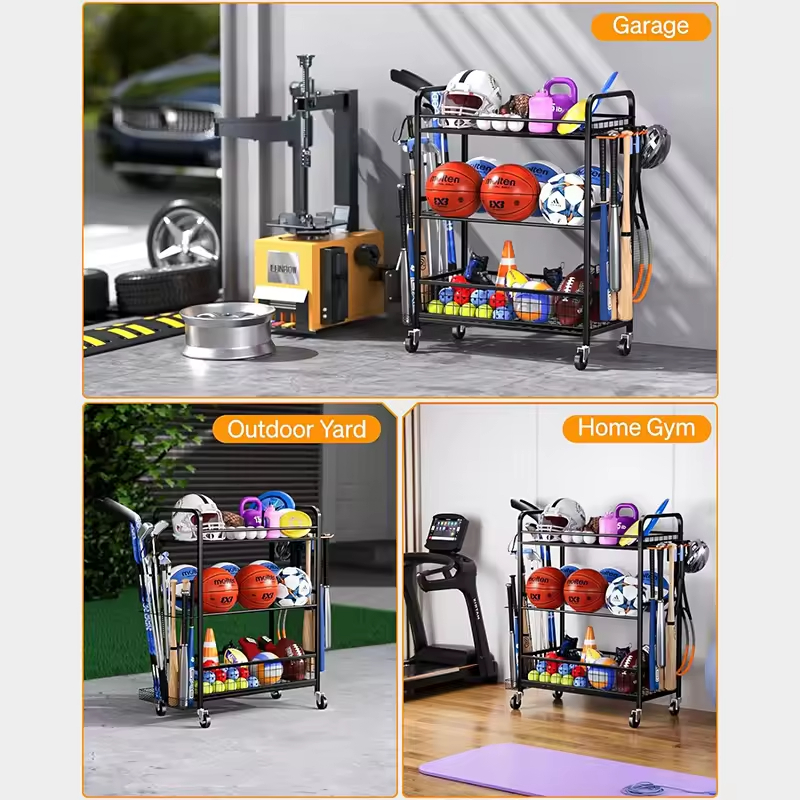 For Garage Indoor and Outdoor Toy Storage Racks with Wheels Basketball Racks with Baskets and Hooks Living Room Storage Shelf