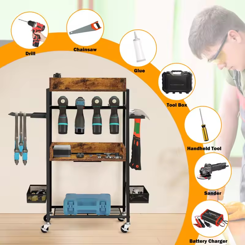 Factory OEM/ OBM Portable Rustic Rolling Tool Organizers Built-in Outlets USB Storage Rack Charging Station Garage Organizers