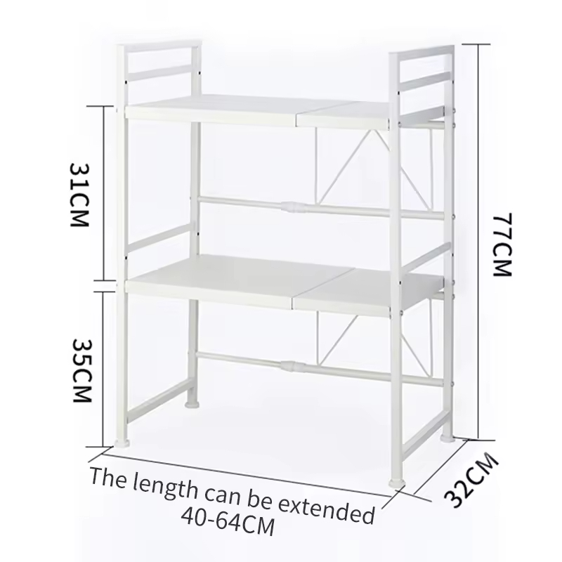 Three-Layer Retractable Standing Type Metal Kitchen Shelving for Countertop Rice Cooker Oven Microwave Rack for Household Use