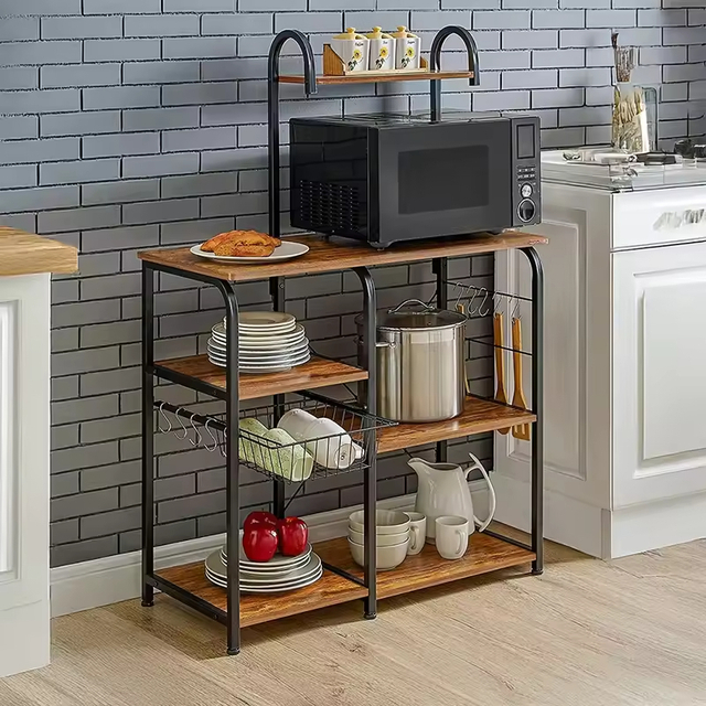 OEM/ODM 3-Tier Freestanding Wooden Top Metal Kitchen Rack Multi-Function Baker's Rack Coffee Bar Cabinet Kitchen Islands Carts