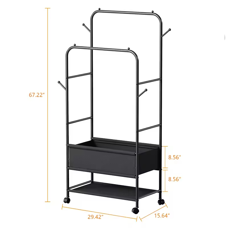 Commercial Double Rail Heavy-Duty Garment Rack Wheels Storage Bag Black-for Boutique Retail Warehouse Use Bathroom Living Room