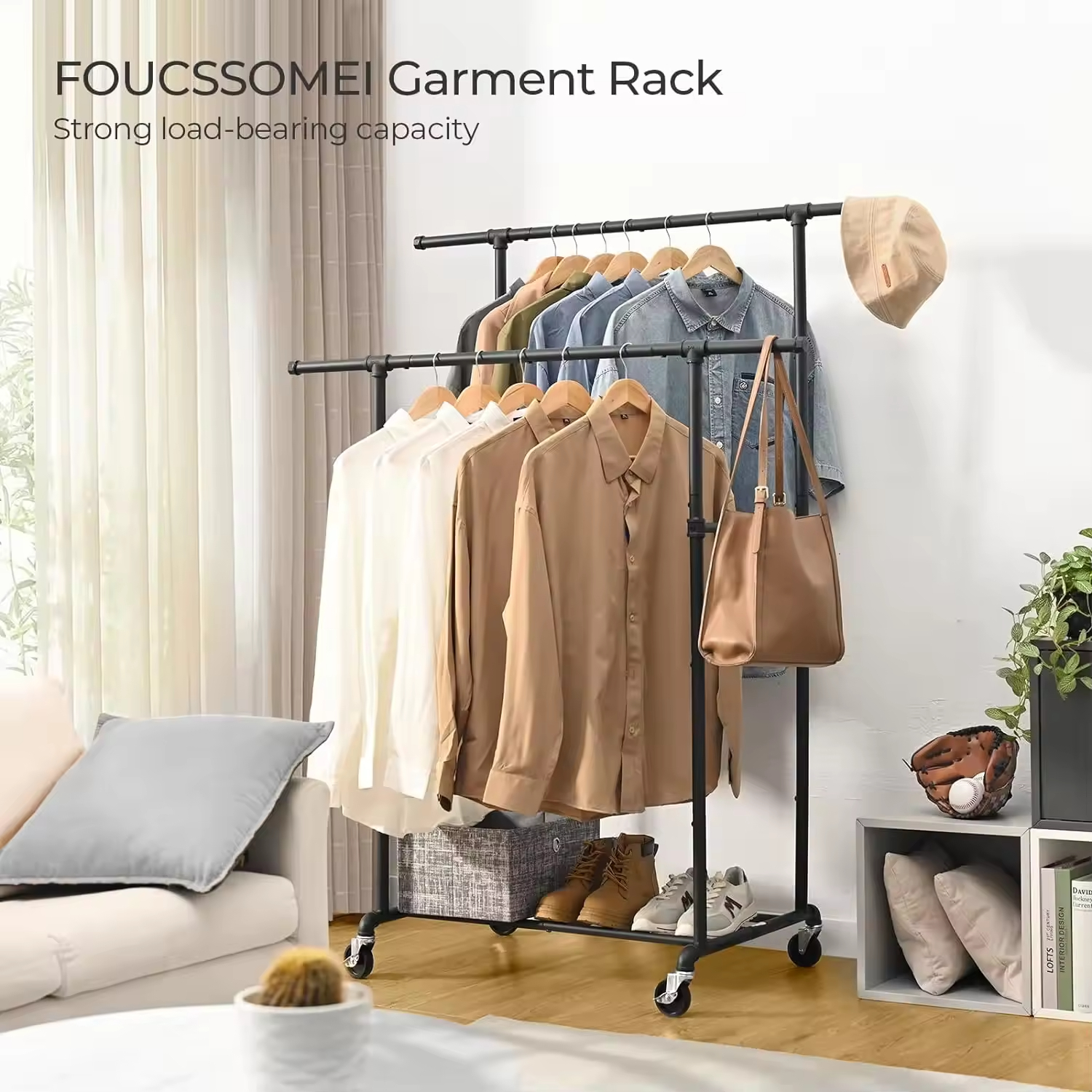 Custom Heavy-Duty Double Rod Metal Clothing Hanger Organizer Wheeled Closet Bedroom Garment Rack Detachable Living Room Use