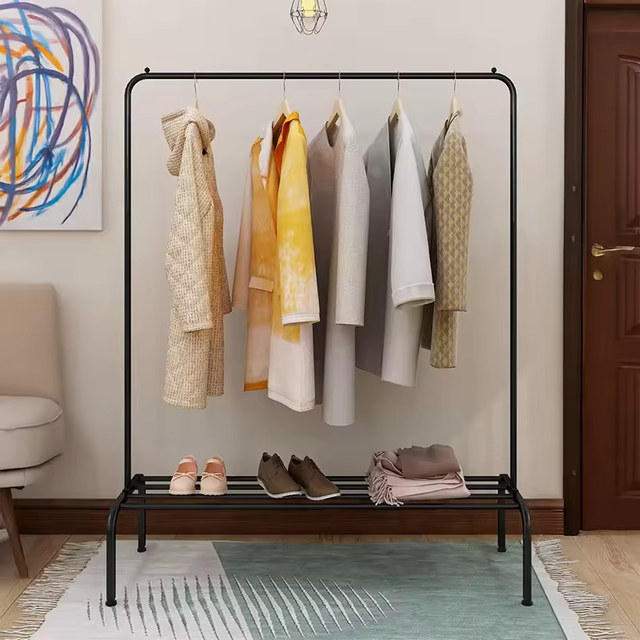 Metal Heavy Duty Waterproof Foldable Detachable Garment Rack with Top Rod Lower Storage Shelf for Bathroom Wardrobe Living Room