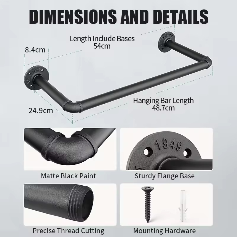 Wholesale Factory Customized Black Iron Rod Heavy Wall Mounted Industrial Pipe Hanger 2 Sets Detachable Strong Bathroom