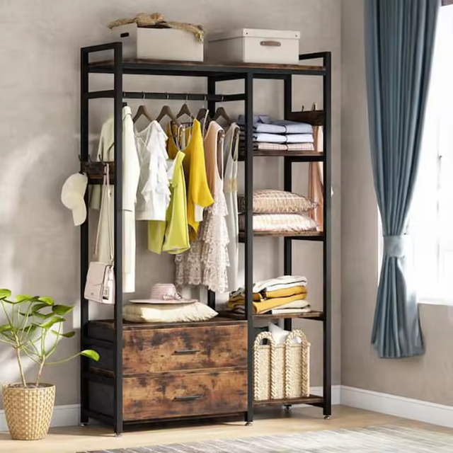 Rustic Brown and Black L-Shaped Corner Garment Rack Closet Organizer with Storage Shelves and Coat Rack