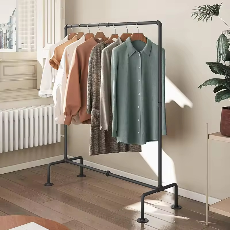 Factory Custom Wholesale Single Pole Drop Belt Wheel Rolling With Brake Industrial Pipe Clothing Rack Black Drying Rack