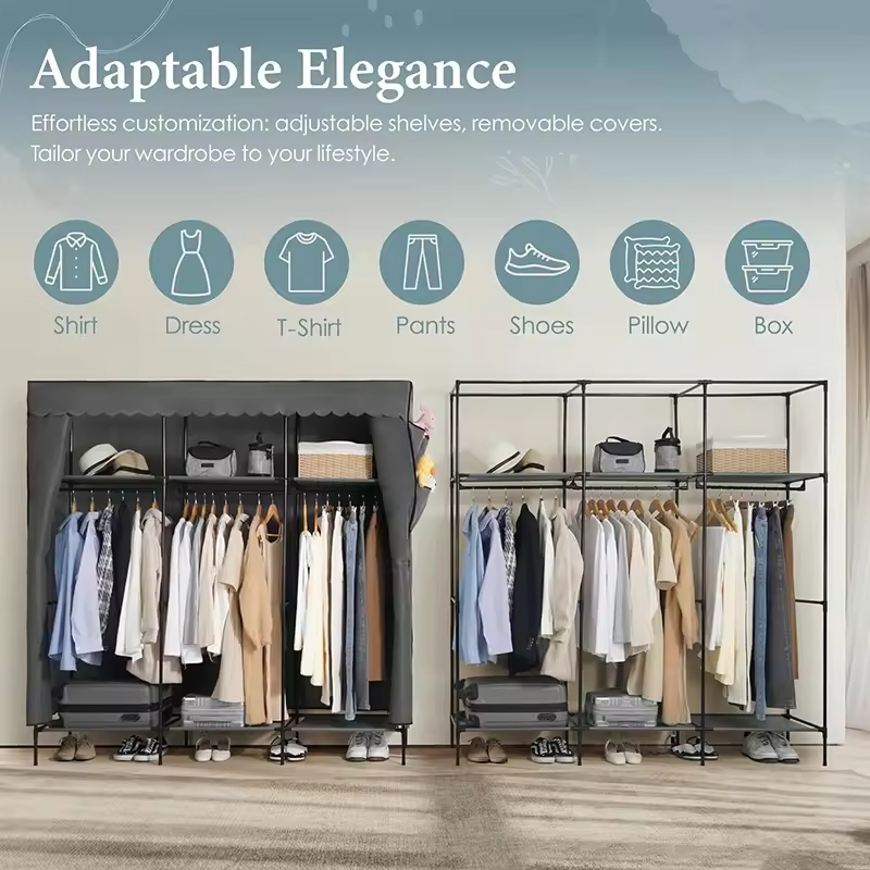 Factory Custom Heavy Duty 3-Layered Metal+Fabric Folding Clothing Wardrobe with Strong Load-Bearing Capacity for Living Room