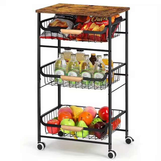 OEM/ODM 4-Tier Wood Steel Fruit Vegetable Storage Rolling Cart Power Charging Kitchen Living Room Islands Carts Wheels Factory