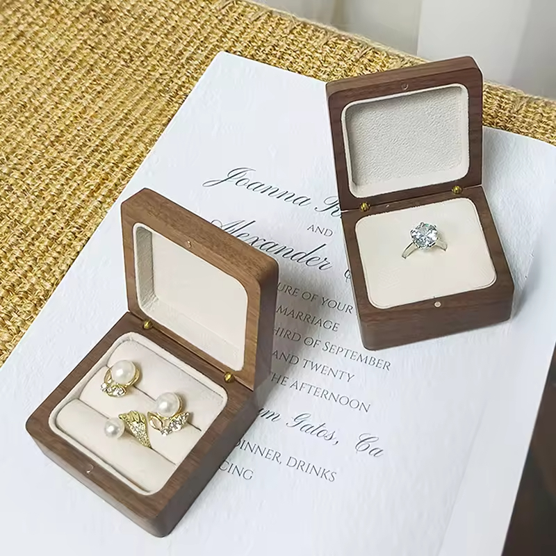 Hot Selling Wooden Box Packaging Single Double Ring with Black Velvet Inside Collection Walnut Wooden Ring Box for Engagement