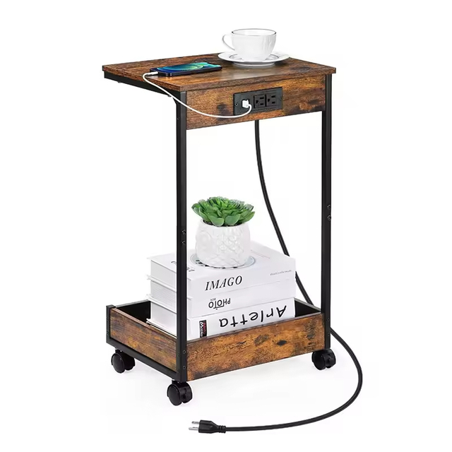 ODM OEM C-shaped Structured Side Table Tabletop Shelf Under Your Bed, Sofa, Couch, or Armchair End Table and Built-In Outlets