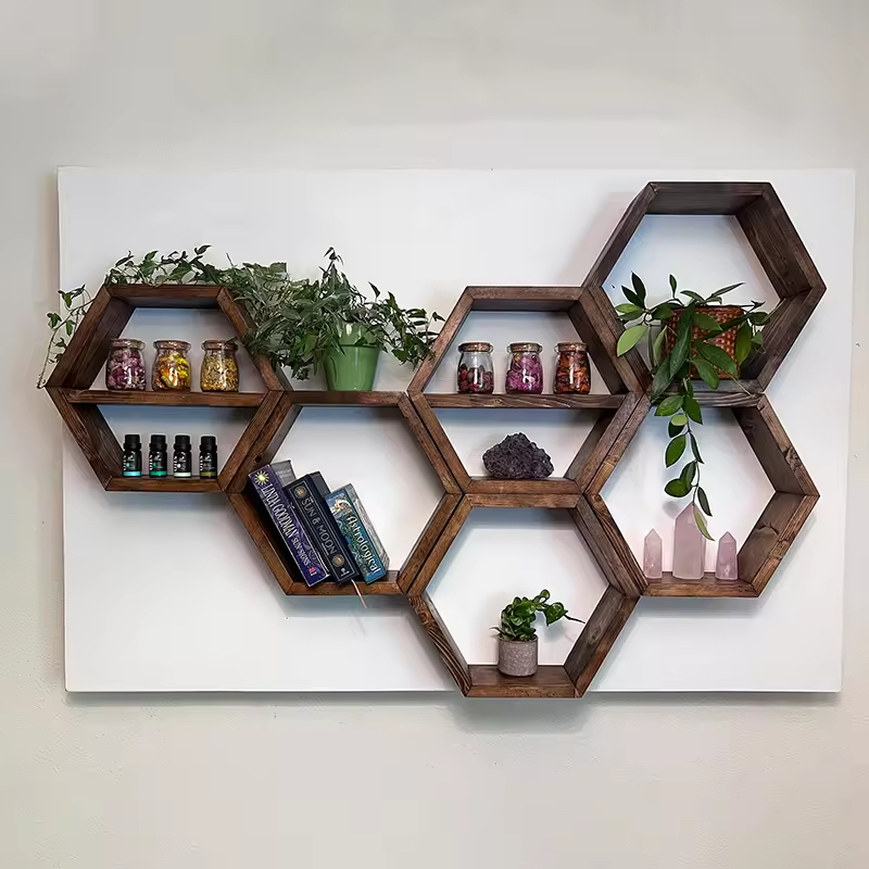 Solid Wood Rectangle Honeycomb Floating Modern Plated Digital Printing Wood Shelf