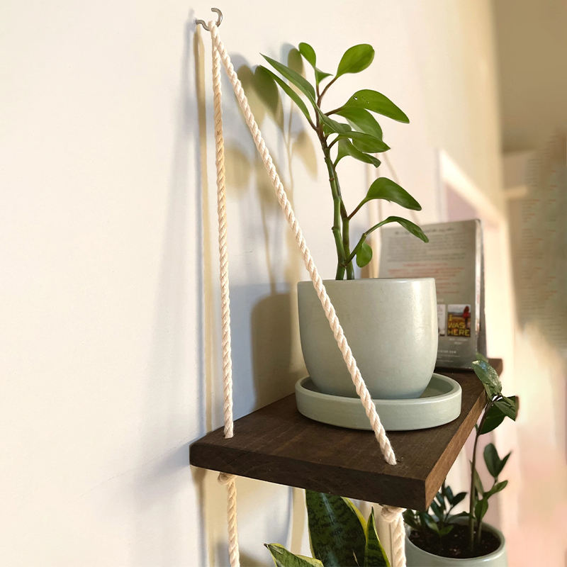 Wood Rectangle Modern Hanging Shelf Wall Swing Storage Shelves 3-Tier Jute Rope Organizer