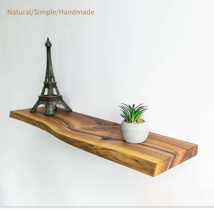 Custom Modern Rectangle Plated Live Edge Hardwood Shelves Bathroom Kitchen Rack with Bracket Long Book Floating Shelf