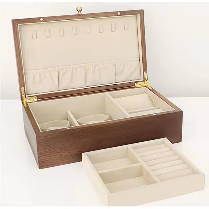 Double 2 Layer Wooden Walnut Wood Drawer Sliding Jewellery Boxes Storage Jewelry Cases Organizer
