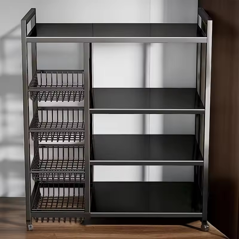 Factory OEM/ODM 4-Tier Large Capacity Metal Kitchen Storage Rack with 4 Open Baskets Kitchen Storage Shelf Rack