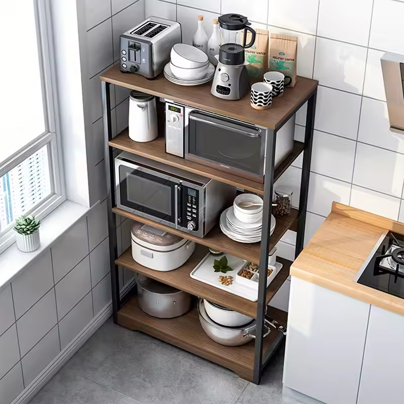 Factory Custom 5-layers Large Capacity Metal and Wooden Kitchen Storage Rack With Three Baskets Kitchen Storage Shelf Oven Rack