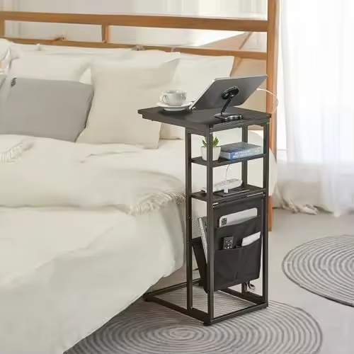 Custom Industrial Style C Shaped Side Table with Charging Station Vintage End Table for Living Room Furniture Direct Factory