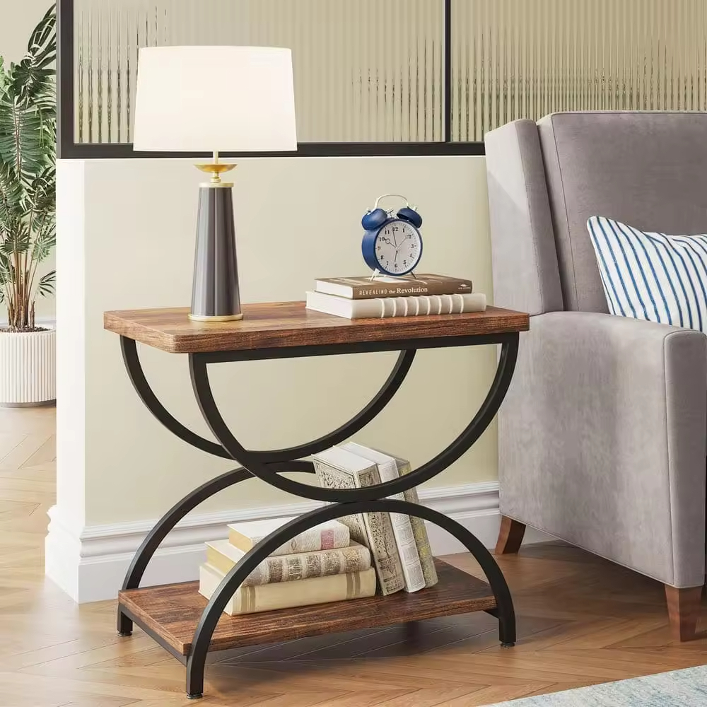 Factory Custom 23.62in Rustic Brown & Black Rectangle Wood End Side Accent Table with Stylish 2-Tier Metal Frame for Dining