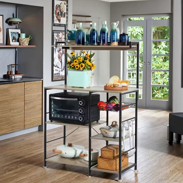 Manufacturer Wholesale Modern Wood Panel Style 6-Tier Baker Rack Kitchen Storage Rack with Power Outlet Kitchen Islands & Carts