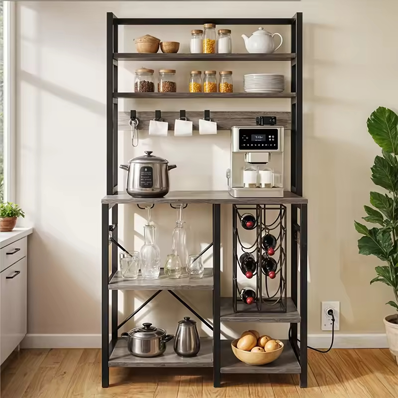 OEM/ODM Manufacturer's Freestanding Kitchen Storage Shelf Baker's Rack Microwave Oven Stand Coffee Bar Cabinet Power Outlet