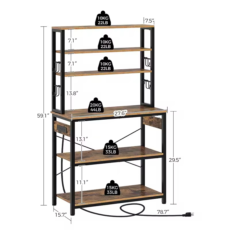 Large Capacity 5-Layer Metal Wooden Kitchen Storage Rack with Three Baskets Custom Factory Oven Rack for Kitchen Islands & Carts