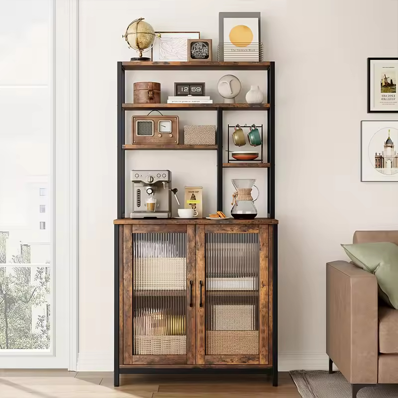 Large Capacity 5-Layer Metal Wooden Kitchen Storage Rack with Three Baskets Custom Factory Oven Rack for Kitchen Islands & Carts