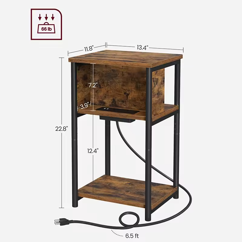 Modern 3-Tier 3-Port Solid Wood USB Charging Nightstand Side Table Plug-in Outlets Living Room Bedroom End Table Charging