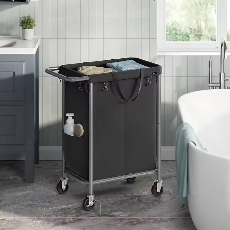 Custom 140L 2 Section Rolling Laundry Basket Steel Frame Handle Removable Liner Wheeled Blanket Storage Bathroom 600D Oxford