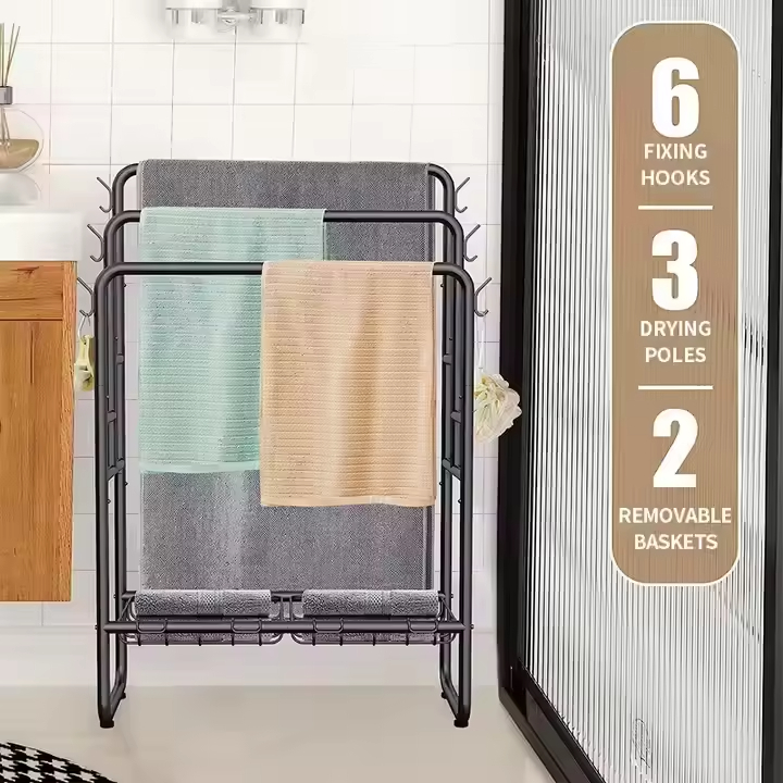 Portable Freestanding Towel Rack Collapsible 3-Tier Design with Baskets & Hooks for Dorm/Laundry Room/Camping