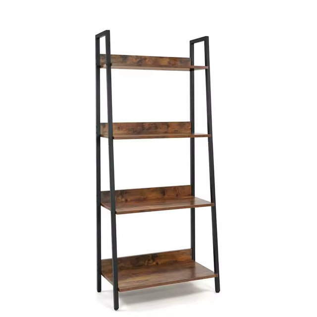 Factory ODM OEM Office Organizer 4-Shelf Ladder Bookcase with Wood & Metal for Living Room Office Balcony Kitchen Storage