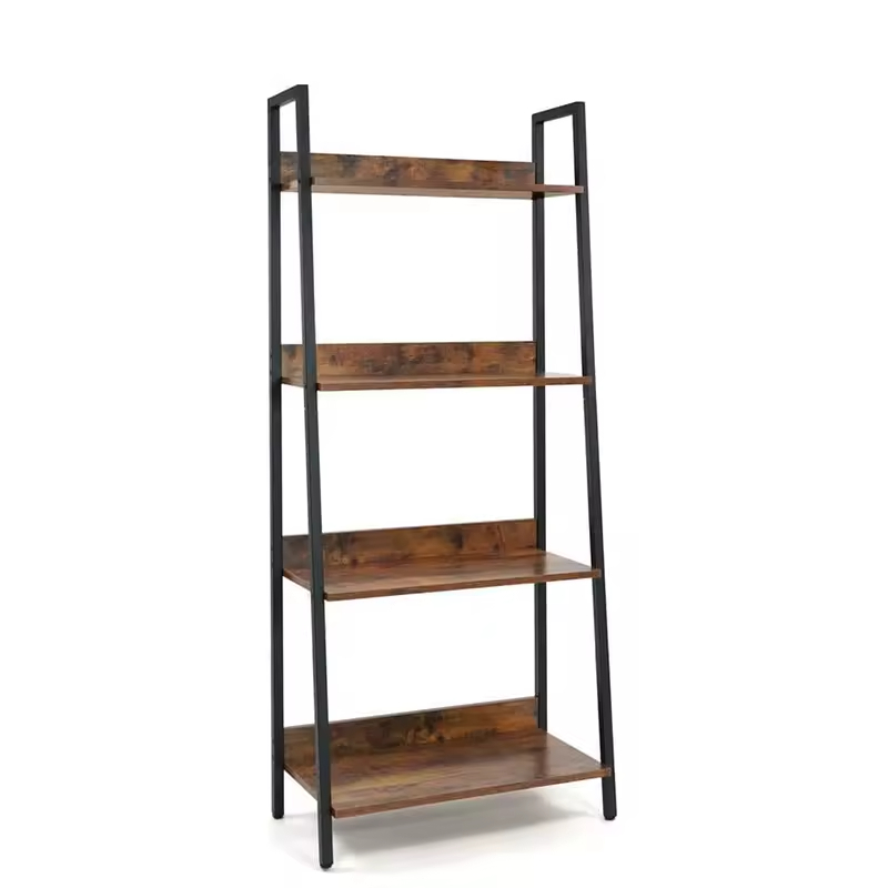 Factory ODM OEM Office Organizer 4-Shelf Ladder Bookcase with Wood & Metal for Living Room Office Balcony Kitchen Storage