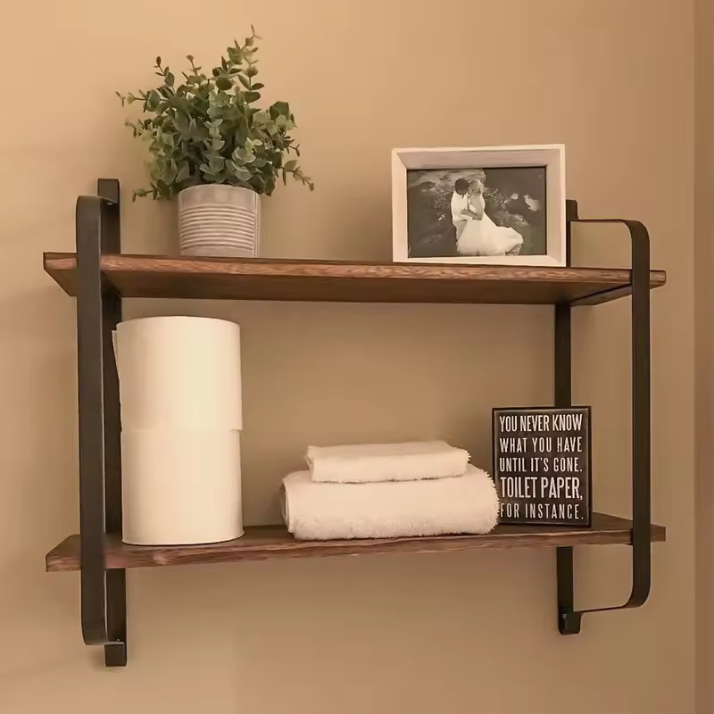 Factory Customize 2 Piece Three-Layer Floating Shelf Live Edge Antique Wood Metal Combined Storage Shelves Wall Bookshelves