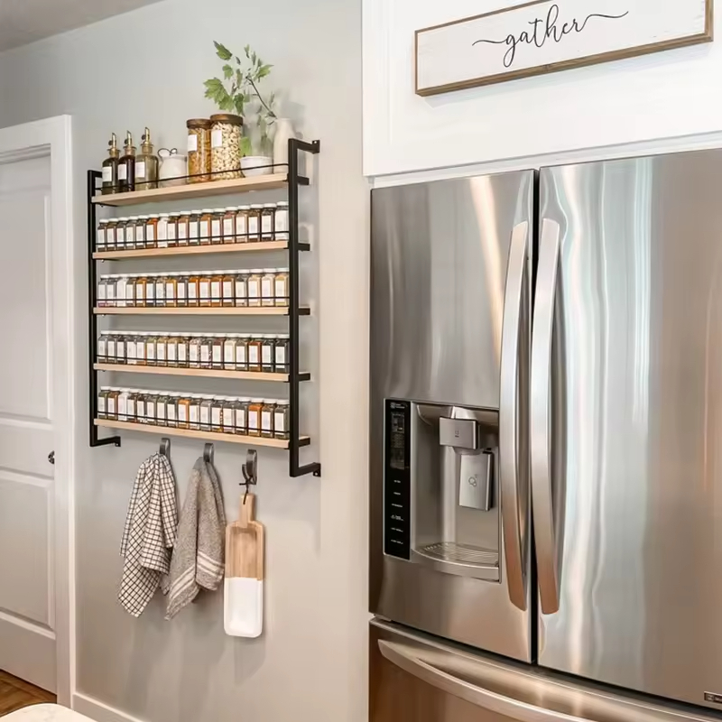 Custom 5-Tier Hanging Spice Rack Organizer Multi-Functional Steel-Wood Spice Storage Holder 5-Tier Hanging Spice Rack