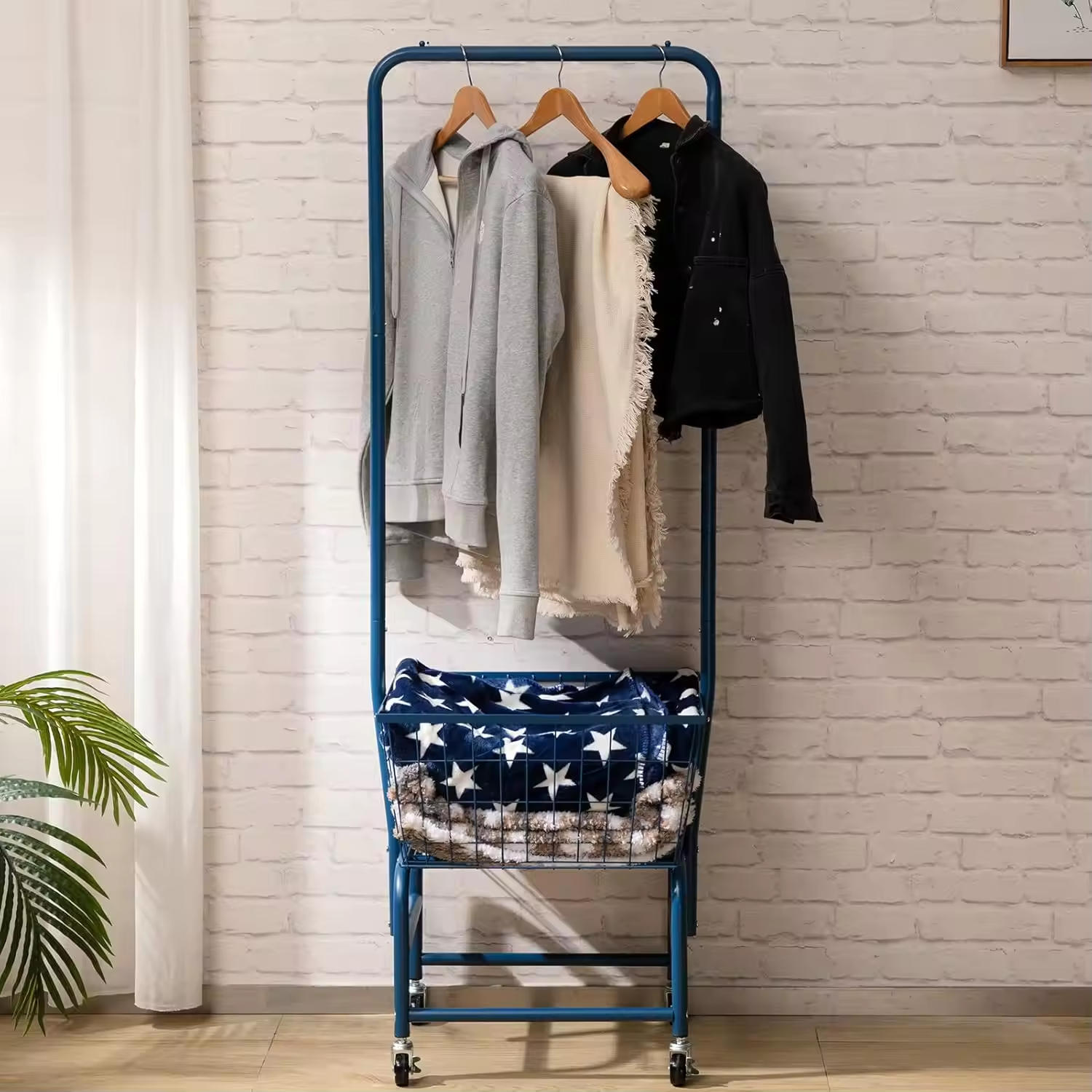Custom Wheeled Heavy Duty Clothes Rack with One Wire Storage Basket Rolling Garment Racks Clothes Holder