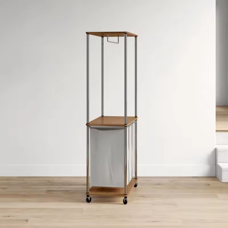 Factory Custom Bathroom Storage Baskets with Metal-wood Cionmbined Frame and Hangers Wheeled Laundry Hamper