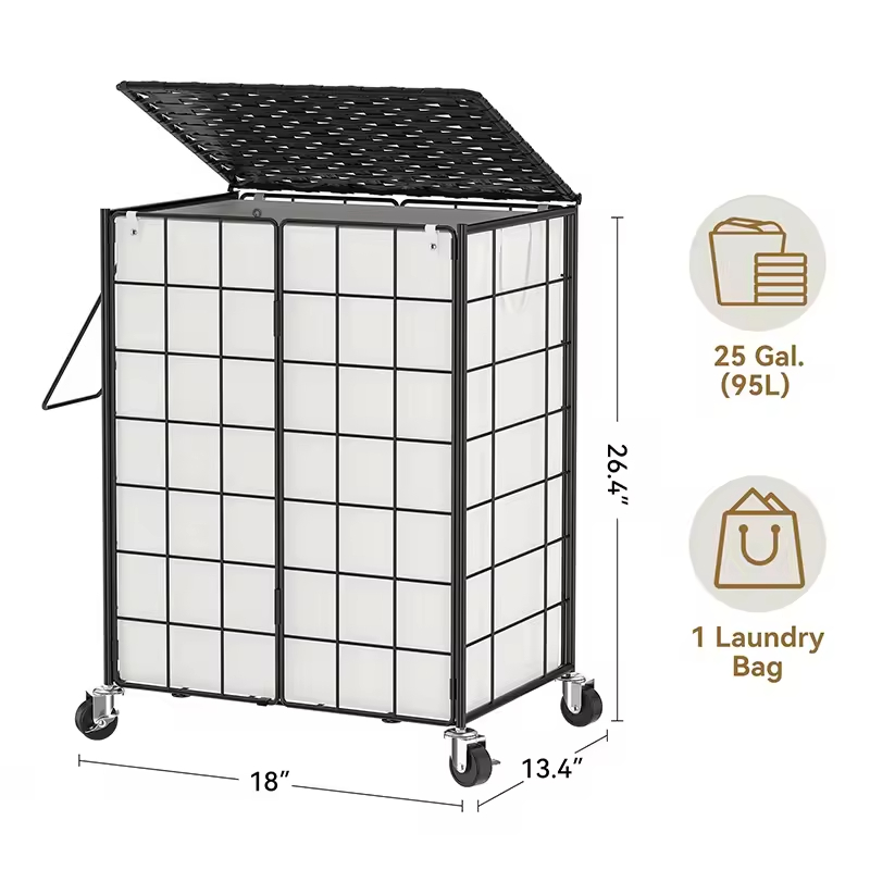 95L Laundry Basket with Lid & Wheels Iron Wire Hamper Removable Fabric Bag for Hotel Hospital Dorm Laundry Room Black/Beige