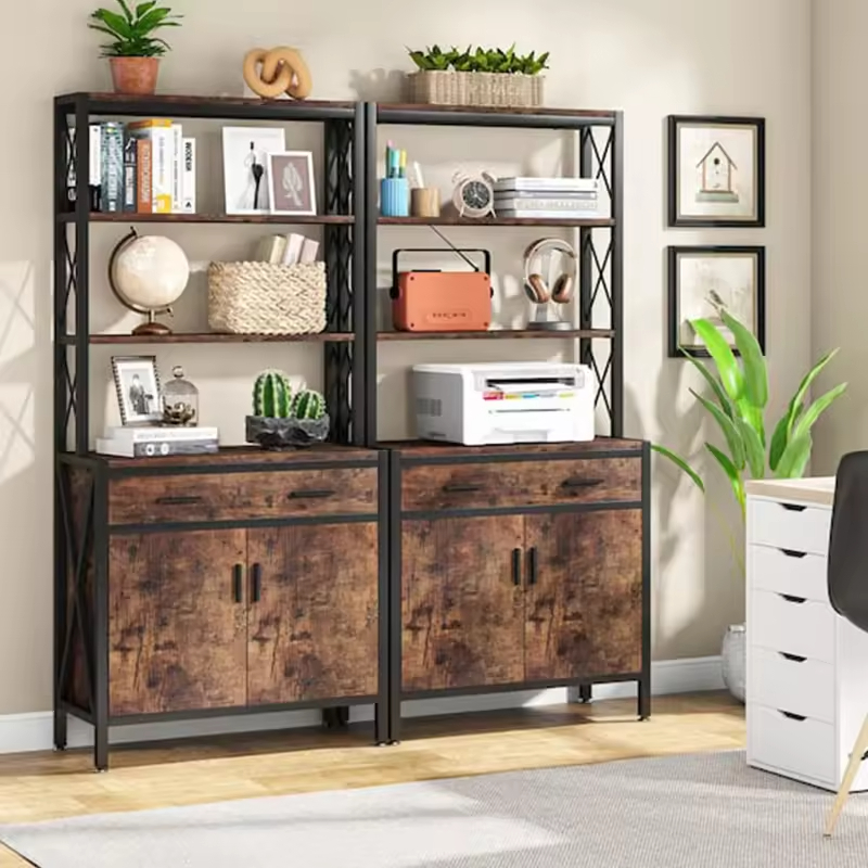 ODM OEM Factory 4- Shelf Industrial Bookcase with Drawer and Doors H69 W28 D14IN Etagere Book Shelves Storage Cabinet