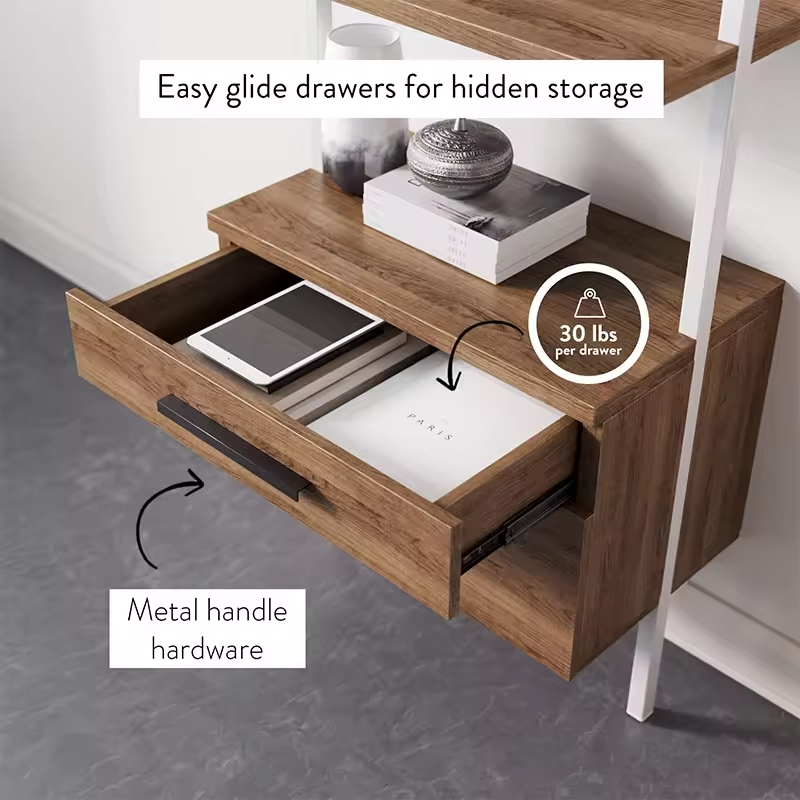 Factory ODM OEM 73'' H X 24'' W X 14'' D 4-Tier Metal Wood Bookcase 2 Drawers Display for Living Room Office Bedroom Study Room