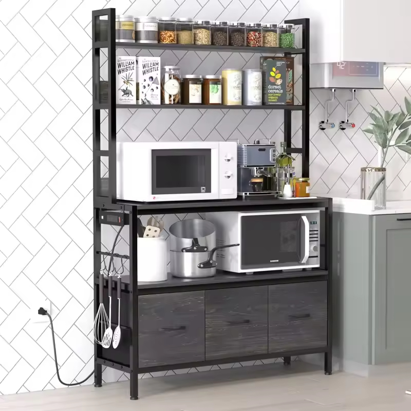 OEM/ODM 39.37'' 4-Tier Modern Kitchen Steel Standard Baker's Rack 3 Cabinets Microwave Stand Power Outlet Utility Storage Shelf