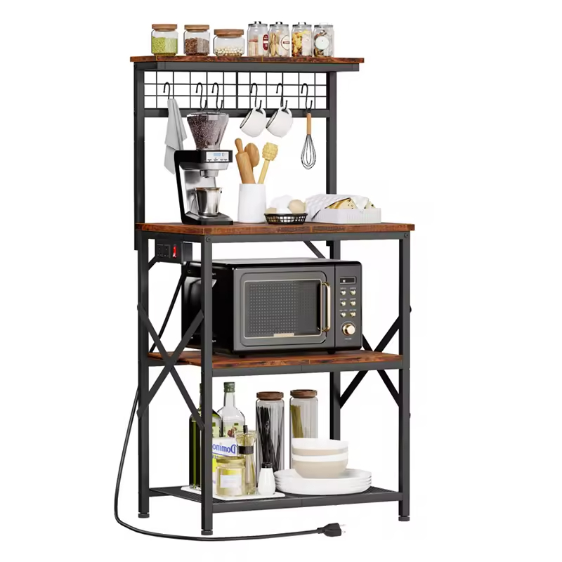 OEM/ODM 22-Inch 4-Tier Shelving with Power Outlet 6-Hook Spices Organizer Microwave Baker's Rack for Kitchen Islands & Carts