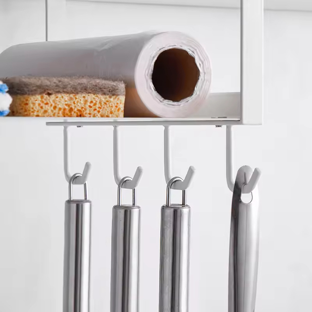 Custom Metal Wall-Mounted Double-Tiered Spoon Fork Spatula Rack Shelf Organizer with Multifunctional Facial Tissue Holders