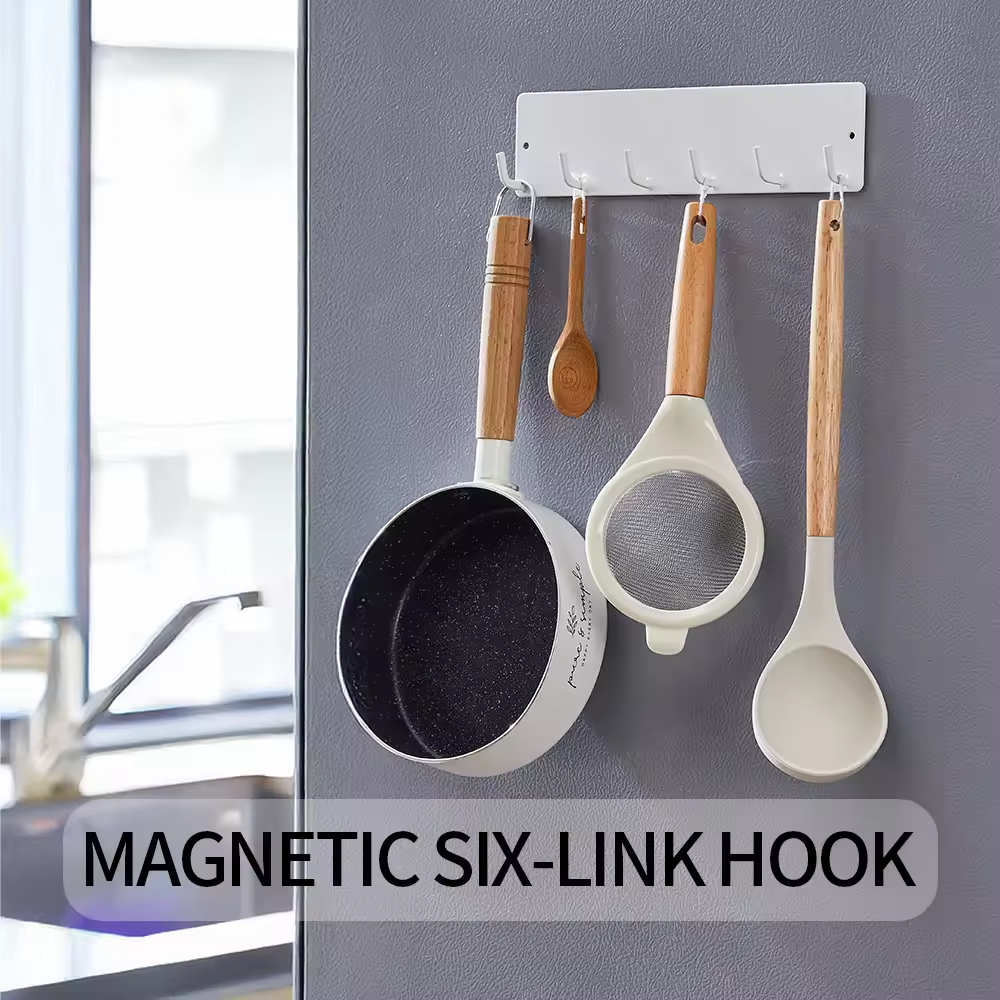 Custom Detachable Metal Magnetic Refrigerator Spice Rack Wall Mounted 6 Hooks and Shelves for Kitchen and Stove