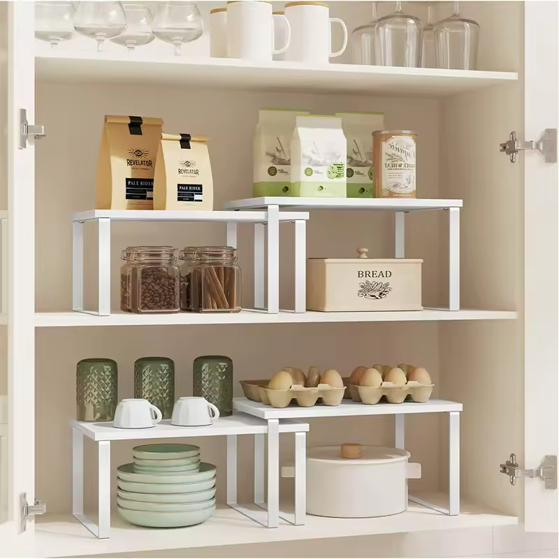 Customized Black Stackable Cabinet Storage Rack Wooden Metal 2 Set with Double Tiers for Kitchen & Living Room Organizer